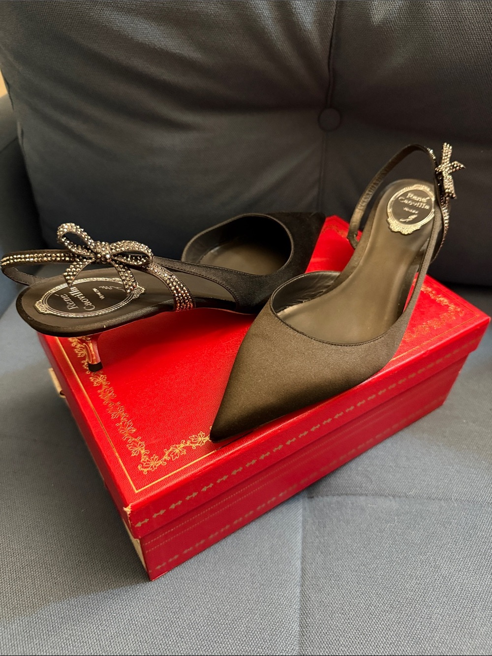 Rene Caovilla Black Pointed Slingback Heels with Crystal Bow- NEVER WORN